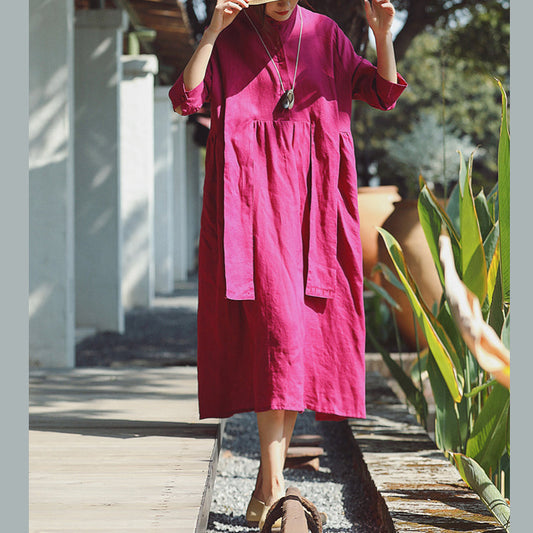 Baggy Rose Baumwolle Leinen Kleid Casual Stand Baumwolle Leinen Kleidung Kleid Neue Dreiviertel Ärmel Baggy Kleider