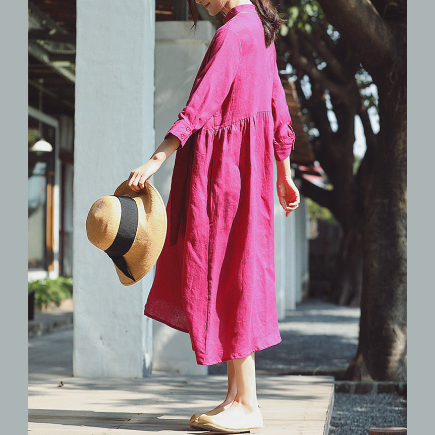 Baggy Rose Baumwolle Leinen Kleid Casual Stand Baumwolle Leinen Kleidung Kleid Neue Dreiviertel Ärmel Baggy Kleider