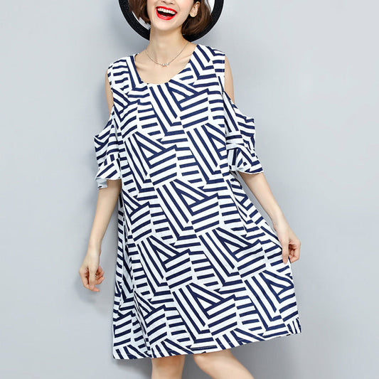 Baggy gestreiftes Damenkleid, trendige Reisekleidung in Übergröße, 2018, Rundhals-Patchworkkleid