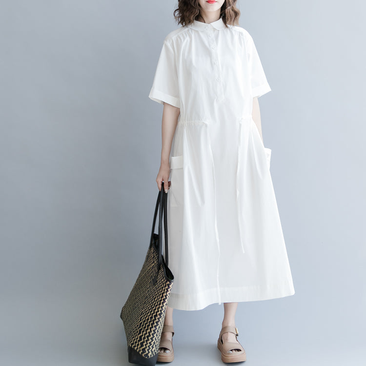 Baggy-Kleid aus weißer Baumwollmischung, übergroßes Freizeitkleid, Vintage, kurze Ärmel, Taschen, Umlegekragen, Baggy-Kleider, Baumwollmischung, Kleidungskleider