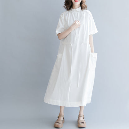 Baggy-Kleid aus weißer Baumwollmischung, übergroßes Freizeitkleid, Vintage, kurze Ärmel, Taschen, Umlegekragen, Baggy-Kleider, Baumwollmischung, Kleidungskleider
