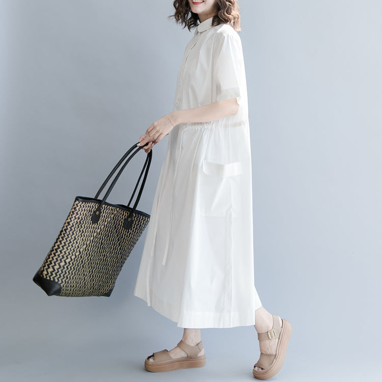 Baggy-Kleid aus weißer Baumwollmischung, übergroßes Freizeitkleid, Vintage, kurze Ärmel, Taschen, Umlegekragen, Baggy-Kleider, Baumwollmischung, Kleidungskleider