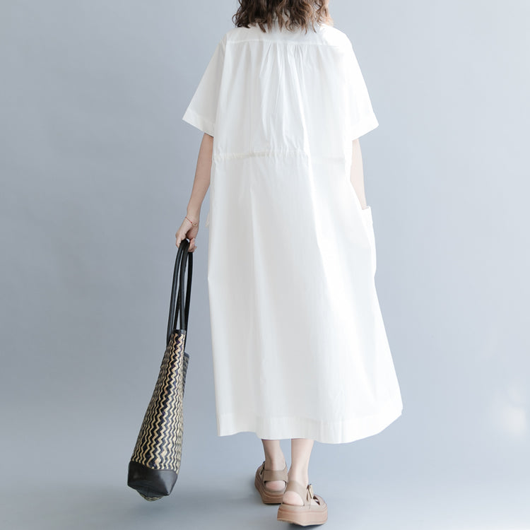 Baggy-Kleid aus weißer Baumwollmischung, übergroßes Freizeitkleid, Vintage, kurze Ärmel, Taschen, Umlegekragen, Baggy-Kleider, Baumwollmischung, Kleidungskleider
