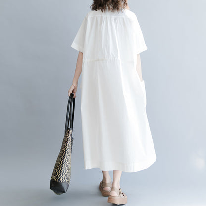 Baggy-Kleid aus weißer Baumwollmischung, übergroßes Freizeitkleid, Vintage, kurze Ärmel, Taschen, Umlegekragen, Baggy-Kleider, Baumwollmischung, Kleidungskleider
