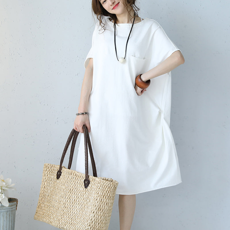 Baggy-Kleid aus weißer Naturbaumwolle, übergroßes Baumwollkleidungskleid, lässiges Kurzarm-Baumwollkleid mit Rundhalsausschnitt