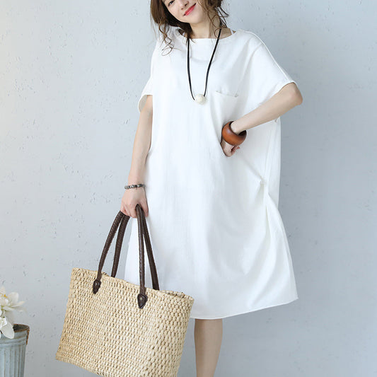 Baggy-Kleid aus weißer Naturbaumwolle, übergroßes Baumwollkleidungskleid, lässiges Kurzarm-Baumwollkleid mit Rundhalsausschnitt