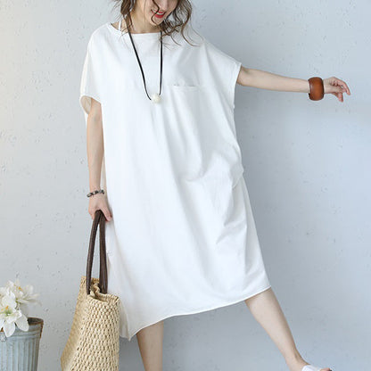 Baggy-Kleid aus weißer Naturbaumwolle, übergroßes Baumwollkleidungskleid, lässiges Kurzarm-Baumwollkleid mit Rundhalsausschnitt