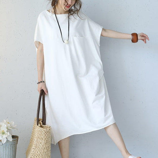 Baggy-Kleid aus weißer Naturbaumwolle, übergroßes Baumwollkleidungskleid, lässiges Kurzarm-Baumwollkleid mit Rundhalsausschnitt