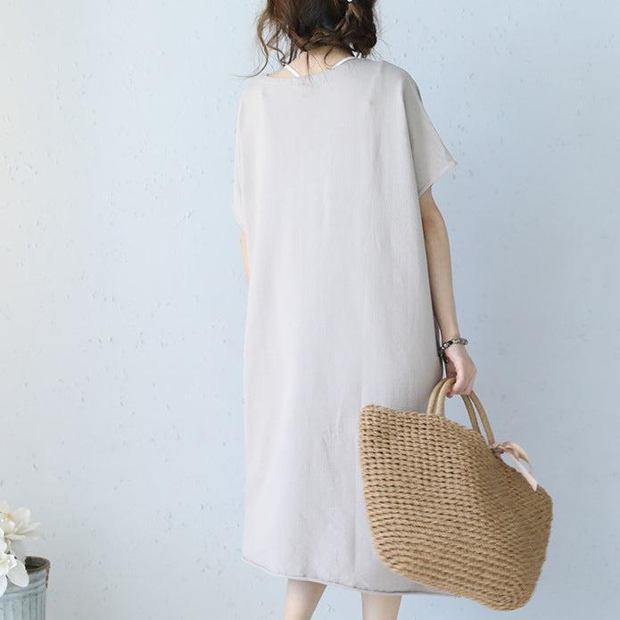 Baggy-Kleid aus weißer Naturbaumwolle, übergroßes Baumwollkleidungskleid, lässiges Kurzarm-Baumwollkleid mit Rundhalsausschnitt