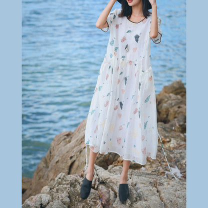 Baggy-Kleid aus Leinen und Naturseide mit weißem Aufdruck, Oversize-Kleid mit O-Ausschnitt, Baggy-Kleider aus Leinen und Seide, 2018, kurzärmlige Kleider mit Taschen