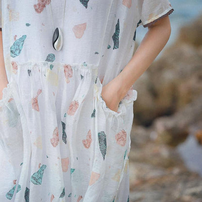 Baggy-Kleid aus Leinen und Naturseide mit weißem Aufdruck, Oversize-Kleid mit O-Ausschnitt, Baggy-Kleider aus Leinen und Seide, 2018, kurzärmlige Kleider mit Taschen