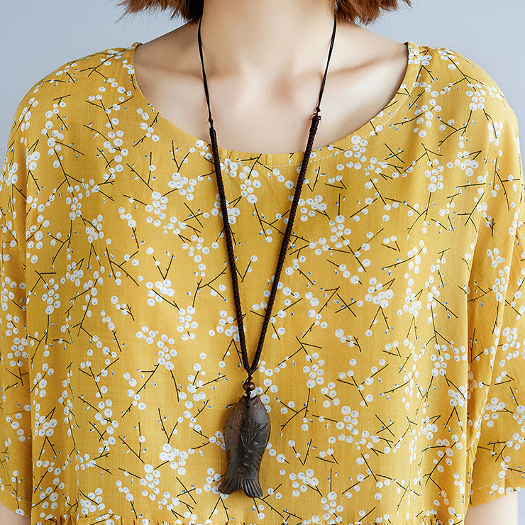 Baggy-Kleider aus gelbem Baumwollleinen in Übergröße mit Print, kurzärmeligen langen Kleidern mit feinem O-Ausschnitt, Baggy-Kleider aus Leinen