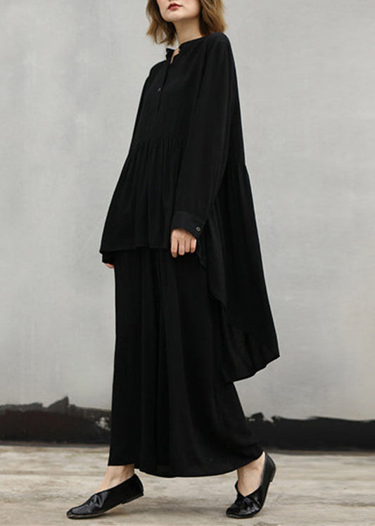 Baggy-T-Shirt aus schwarzer Naturbaumwolle, zweiteilig, locker sitzender Stehkragen, taillierte Urlaubsoberteile, Baggy-Hose