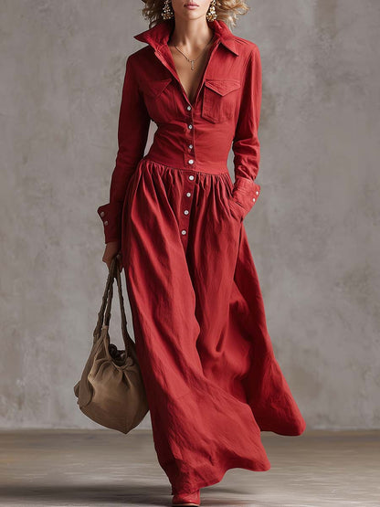 Exquisite Retro Western Lapel Front Button Red Windbreaker Style Cotton And Linen Maxi Dress