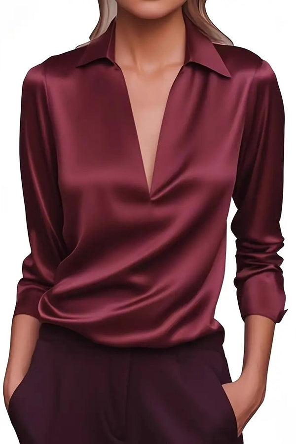 Solid Color Satin V-neck Long-sleeved Casual Shirt