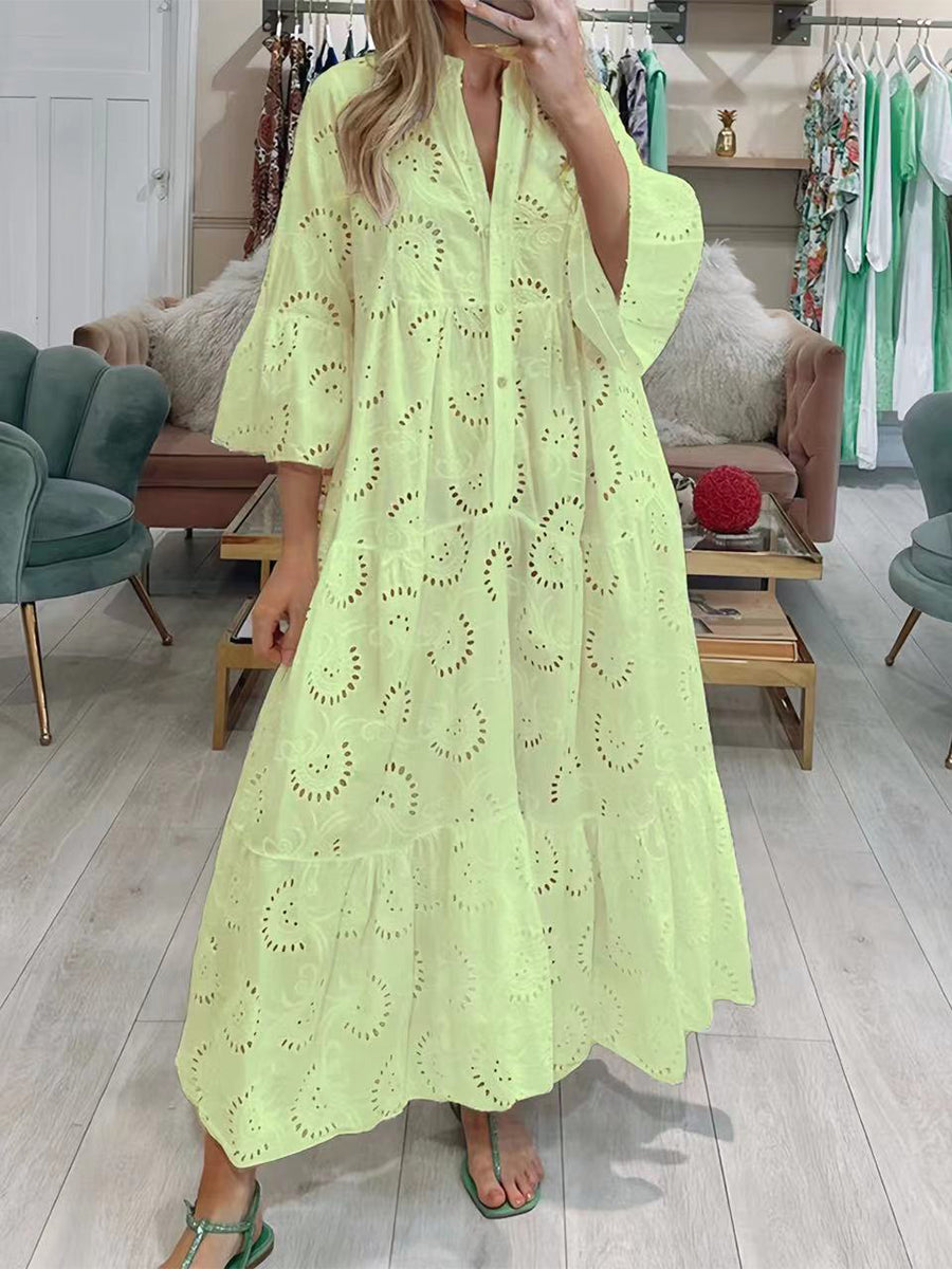 Lace Hollow V-Neck Trumpet Sleeve Dress
