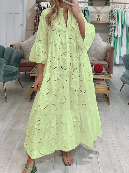 Lace Hollow V-Neck Trumpet Sleeve Dress