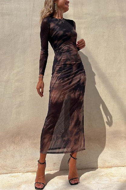 Mesh Tie-Dye Ruched Long Sleeve Midi Dress