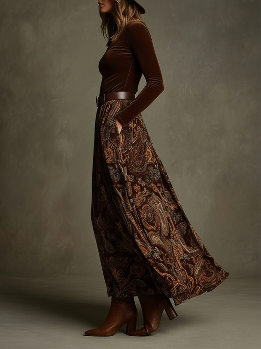 Vintage Stretch Velvet Top and Paisley Print Maxi Skirt Set(with belt)