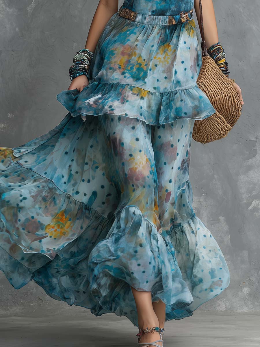 Boho Printed Chiffon Tiered Maxi Dress With Spaghetti Straps