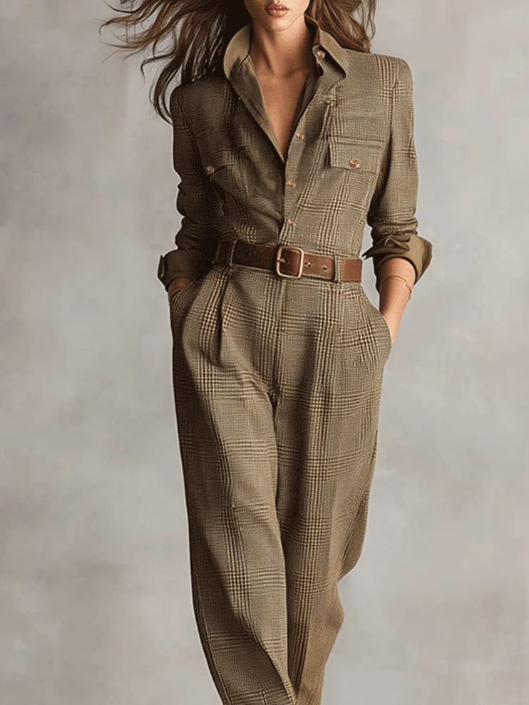 Brown Sophisticated Tweed Texture Plaid Utility Jumpsuit