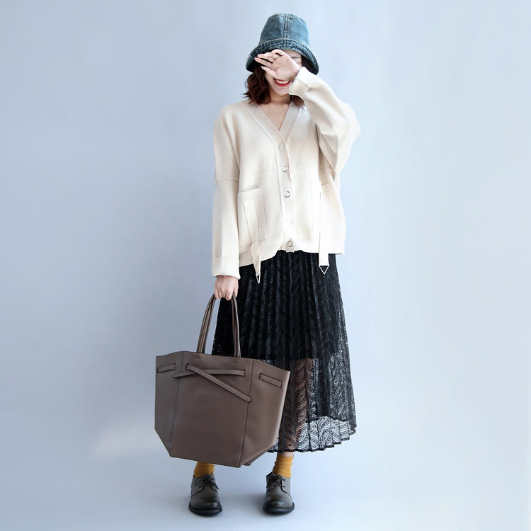 beige-weißer dicker Baumwollpullover, Oberbekleidung in Übergröße, lässiger V-Ausschnitt, kurze Strickjacken