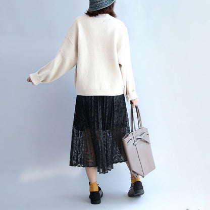 beige-weißer dicker Baumwollpullover, Oberbekleidung in Übergröße, lässiger V-Ausschnitt, kurze Strickjacken