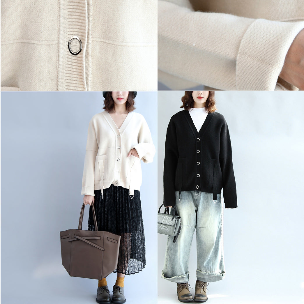 beige-weißer dicker Baumwollpullover, Oberbekleidung in Übergröße, lässiger V-Ausschnitt, kurze Strickjacken
