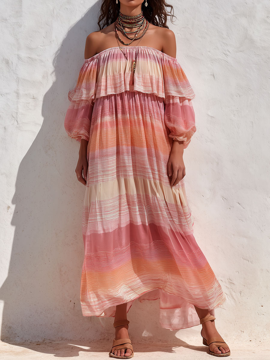 Boho Sunrise Ombre Off-Shoulder Flowing Chiffon Maxi Dress