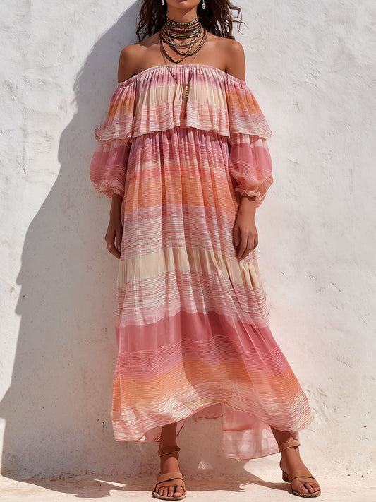Boho Sunrise Ombre Off-Shoulder Flowing Chiffon Maxi Dress