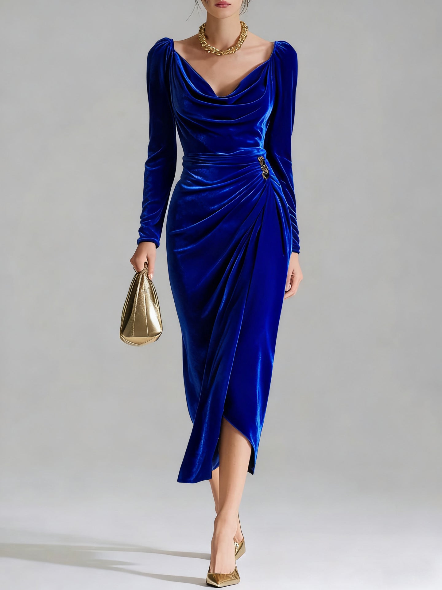 Elegant Pile Collar Velvet Midi Dress