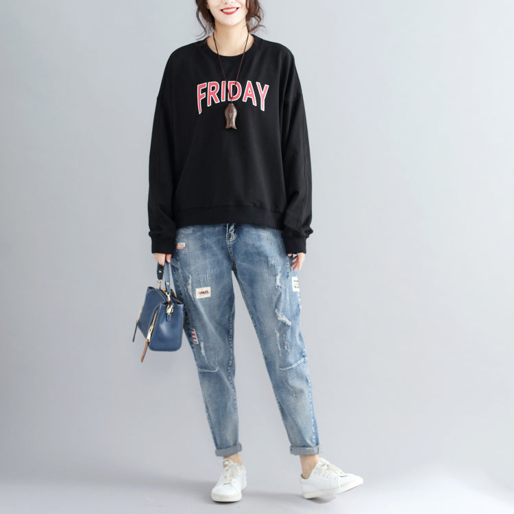 schwarzer Baumwollpullover mit Alphabet-Print in Übergröße, modische, dicke Oberteile mit Fledermausärmeln