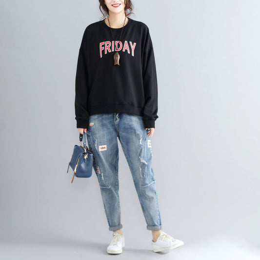 schwarzer Baumwollpullover mit Alphabet-Print in Übergröße, modische, dicke Oberteile mit Fledermausärmeln