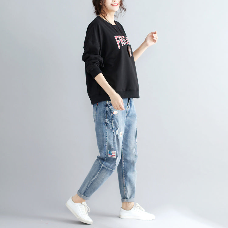 schwarzer Baumwollpullover mit Alphabet-Print in Übergröße, modische, dicke Oberteile mit Fledermausärmeln