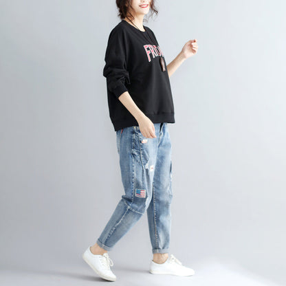 schwarzer Baumwollpullover mit Alphabet-Print in Übergröße, modische, dicke Oberteile mit Fledermausärmeln