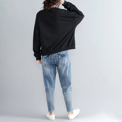 schwarzer Baumwollpullover mit Alphabet-Print in Übergröße, modische, dicke Oberteile mit Fledermausärmeln