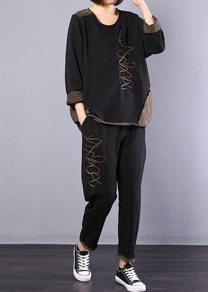 black autumn vintage patchwork tops and casual harem pants two pieces - SooLinen