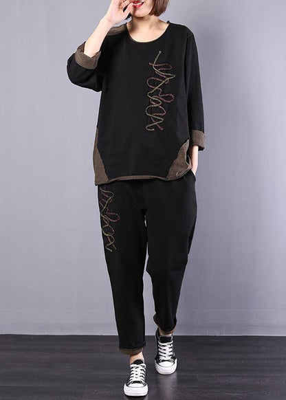 black autumn vintage patchwork tops and casual harem pants two pieces - SooLinen