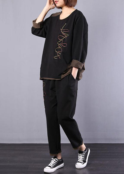 black autumn vintage patchwork tops and casual harem pants two pieces - SooLinen