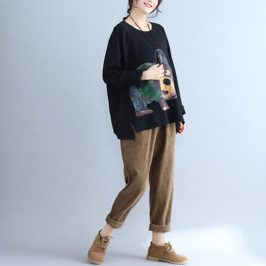 schwarzes, cartoonverziertes Casual-T-Shirt in Übergröße mit langen Ärmeln