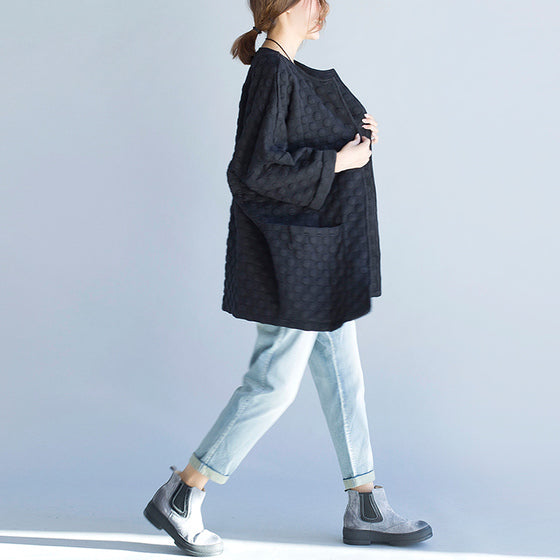 schwarze lässige Baumwoll-Strickjacke in Übergröße mit Armbandärmeln