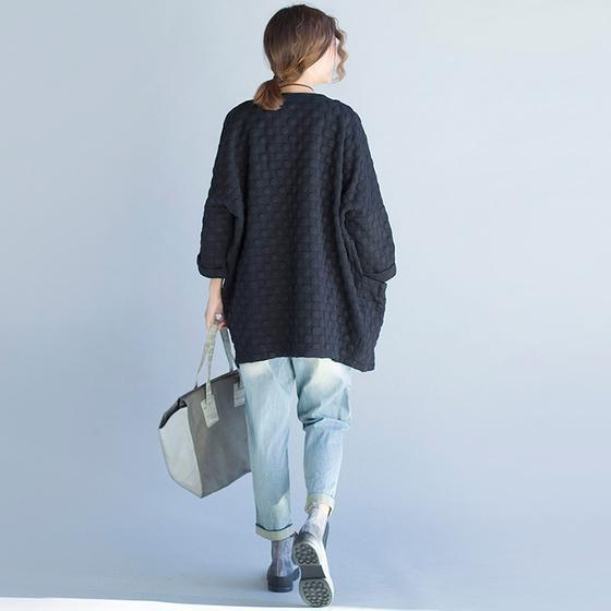 schwarze lässige Baumwoll-Strickjacke in Übergröße mit Armbandärmeln