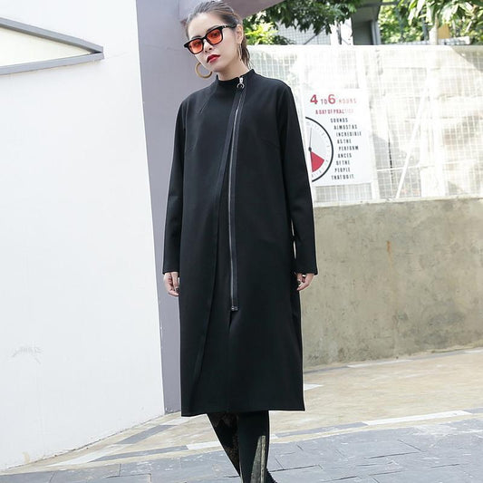 Schwarze Baumwollmäntel in Übergröße mit Stehkragen und langem Mantel