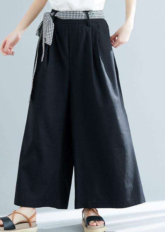 black cotton blended wide leg pants tie waist casual trousers - SooLinen