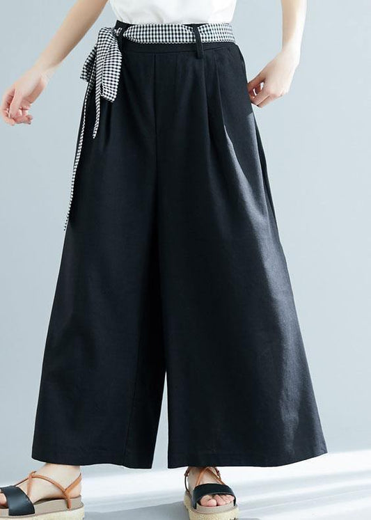 black cotton blended wide leg pants tie waist casual trousers - SooLinen