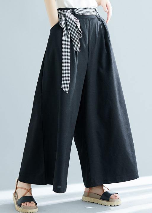 black cotton blended wide leg pants tie waist casual trousers - SooLinen