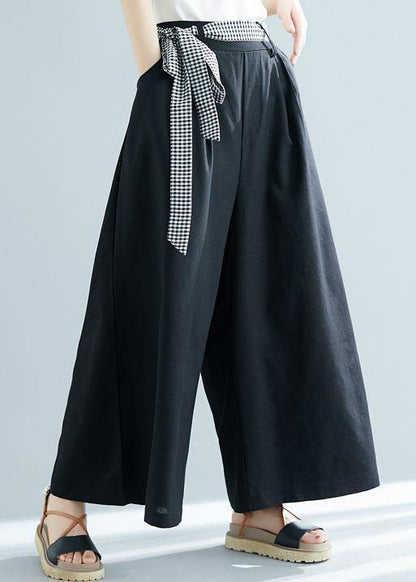 black cotton blended wide leg pants tie waist casual trousers - SooLinen