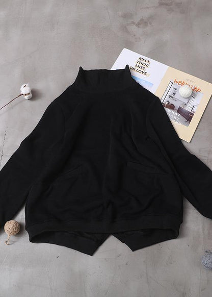 black cotton clothes two pockets Plus Size Clothing patchwork high neck shirts - SooLinen