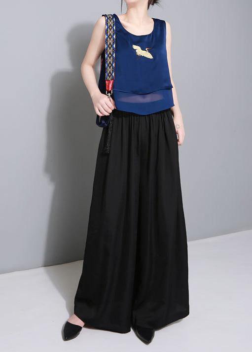 black elegant blended women trousers plus size elastic waist straight pants - SooLinen