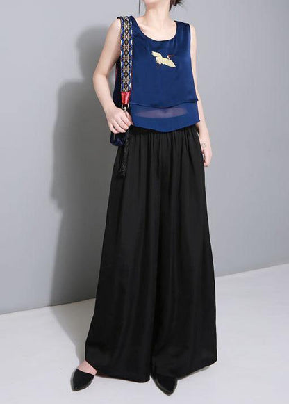 black elegant blended women trousers plus size elastic waist straight pants - SooLinen